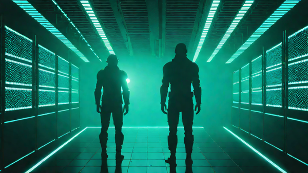 Lone human silhouettes standing in a vast dark server hall lit by cold blue light